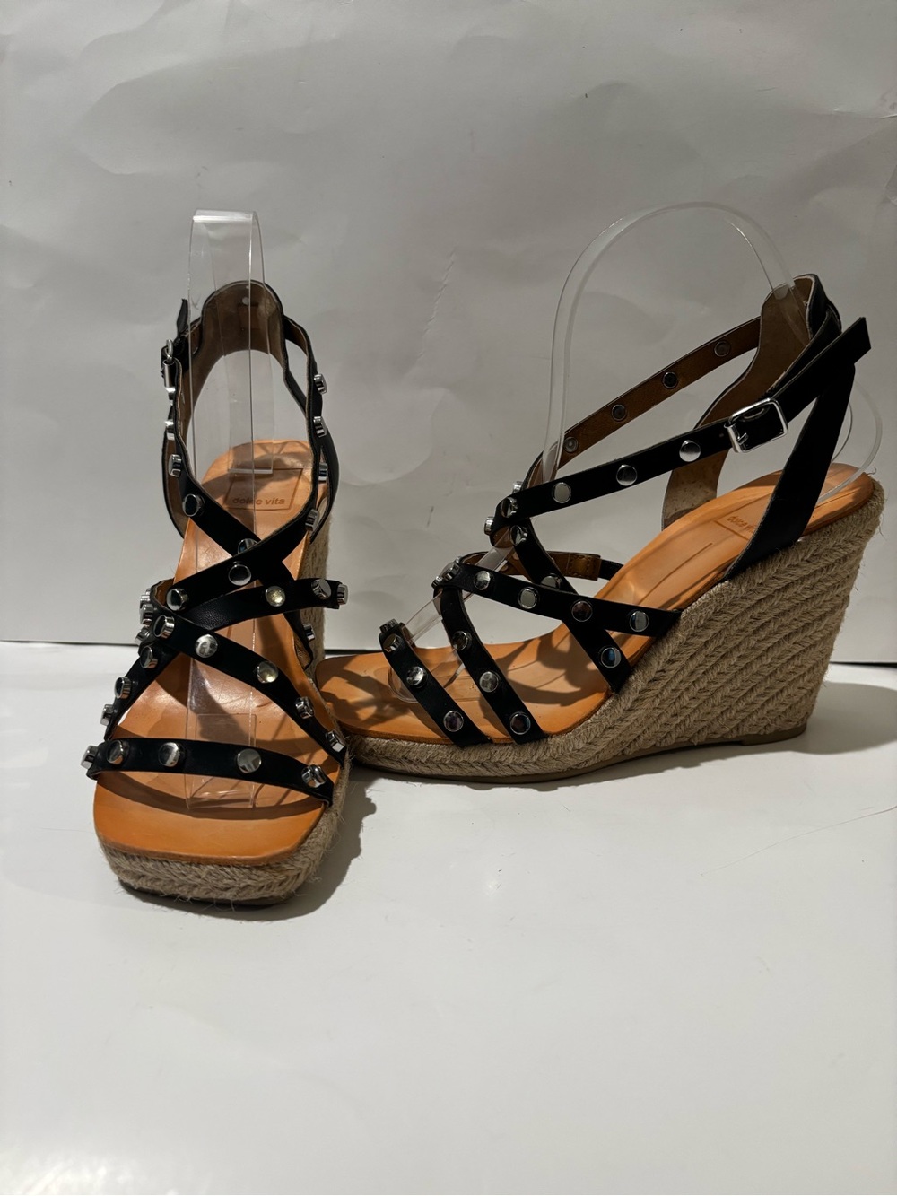 Dolce Vita Maxton Black Espadrille Strappy Studded Square Toe Wedge Sandal 6 1/2 - Picture 5 of 14